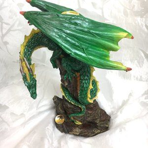 Vintage Retired 2000 Green Winged Dragon on Rock w/ Crystal Ball Taper Holder